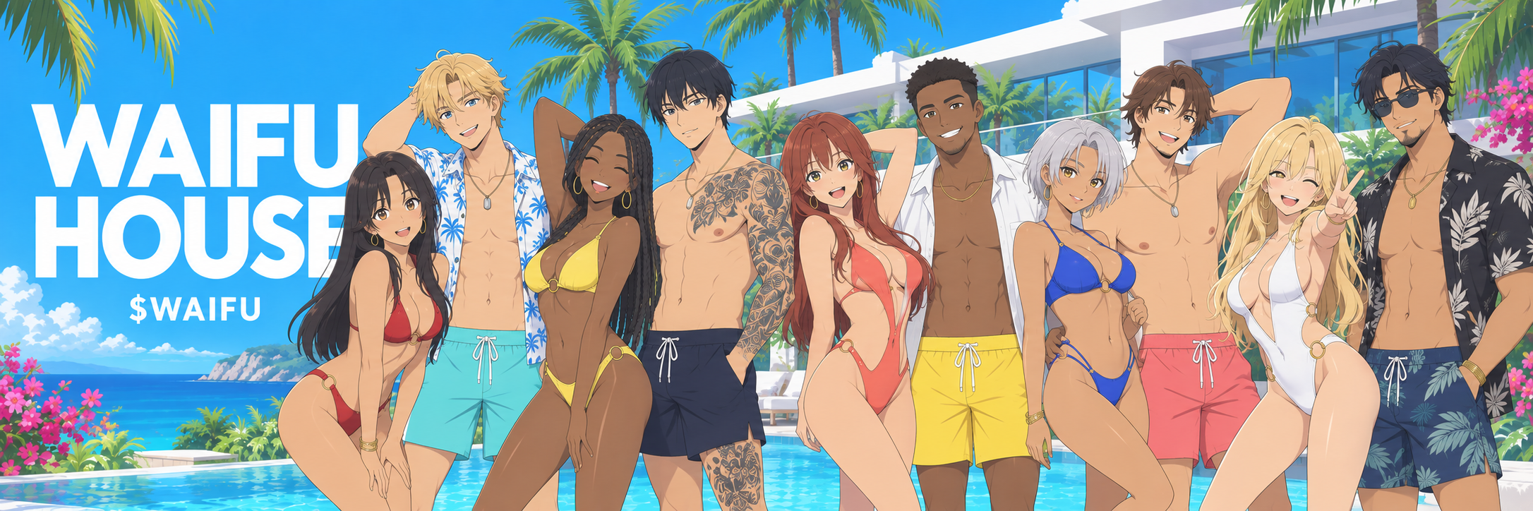 The ten WAIFU HOUSE contestants at their tropical poolside villa